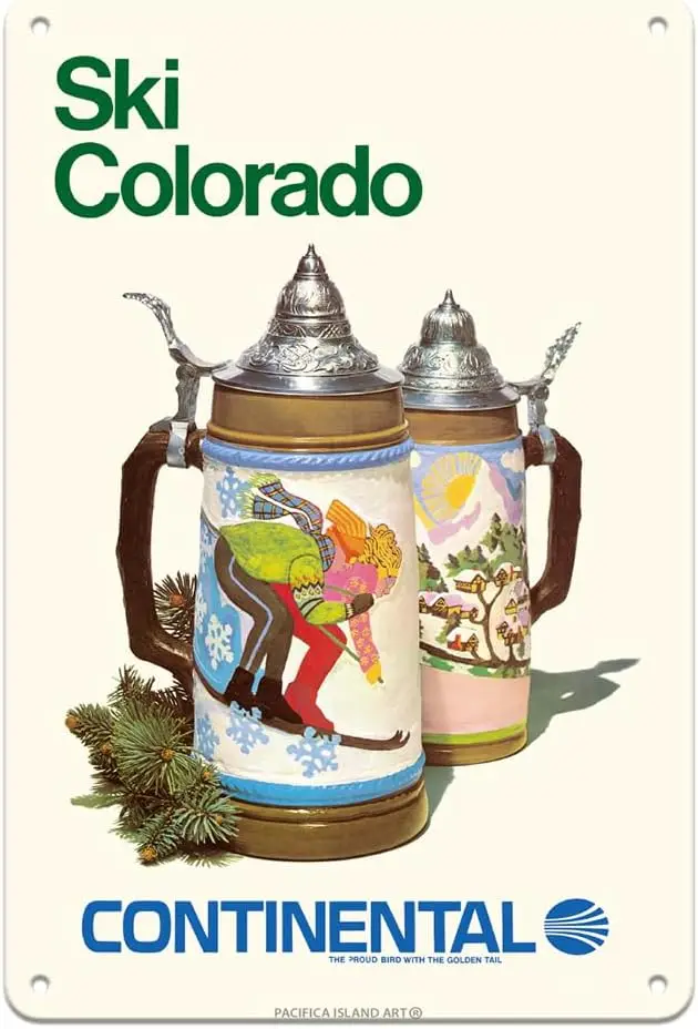 Pacifica Island Art Ski Colorado – Vintage-Reiseplakat einer Fluggesellschaft mit Skimotiven und Bierkrügen aus den 1980er Jahren