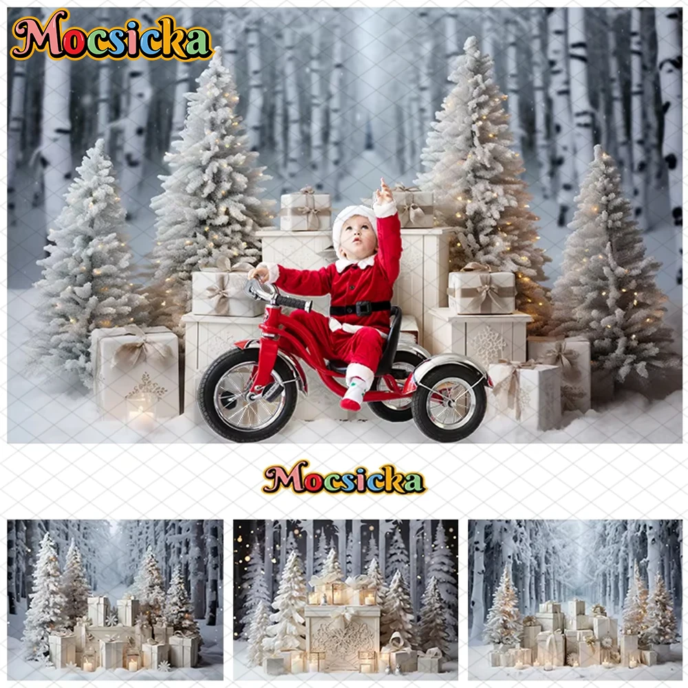 

Mocsicka Christmas Backdrop Photography Forest Xmas Tree White Snow Gifts Decorations Props Baby Photo Backgrounds Studio Banner