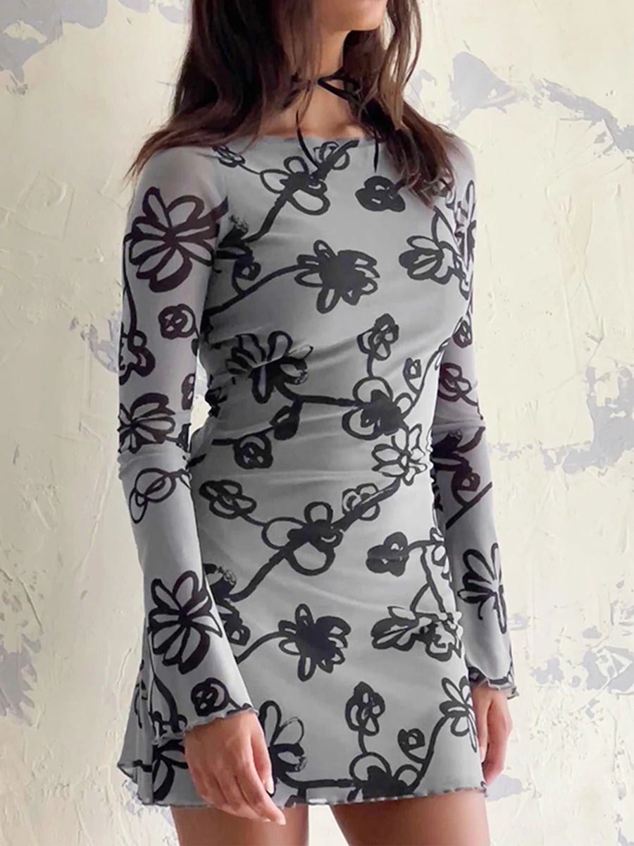 Malciklo ชุดเดรสเข้ารูปทรงชุดกระโปรงแขนยาวสำหรับผู้หญิงชุดมินิเดรสตาข่ายลายดอกไม้เสื้อยืดคอกลมเข้ารูปฤดูใบไม้ผลิ