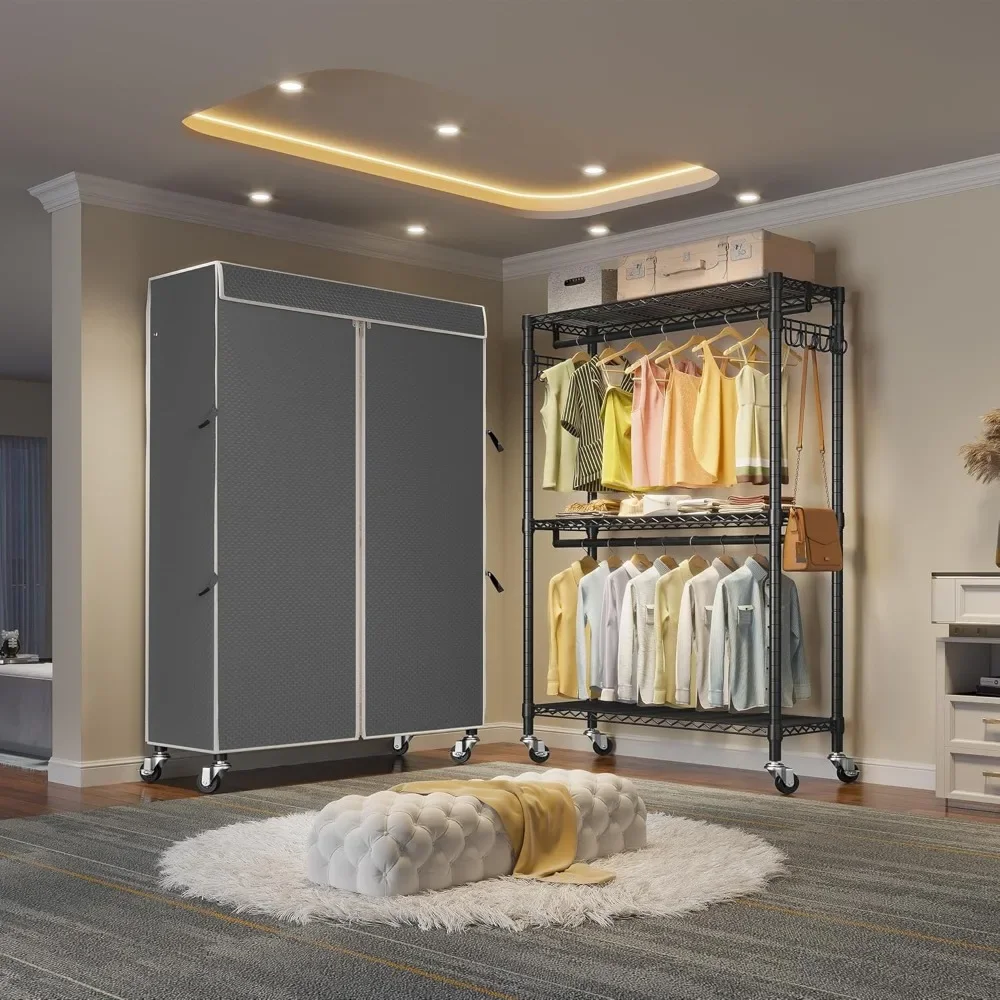 R2C Plus Heavy Duty Rolling Garment Rack with Cover Clothing Racks for Hanging Clothes Portable Closets with Adjustable 3 Wire