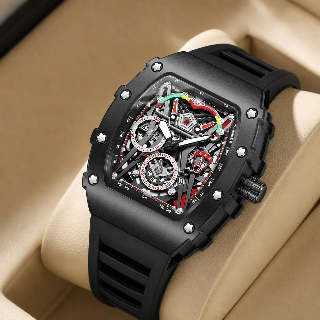 

1pcs Men's black dial silicone strap vintage fashion tonneau case skeleton sporty details Quartz Watch for daily business party