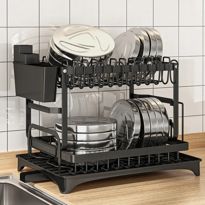 2-Tier Dish Drying Rack with Draining Tray Cutlery Holder Utensil Organizer Compact Kitchen Countertop Dishware Storage