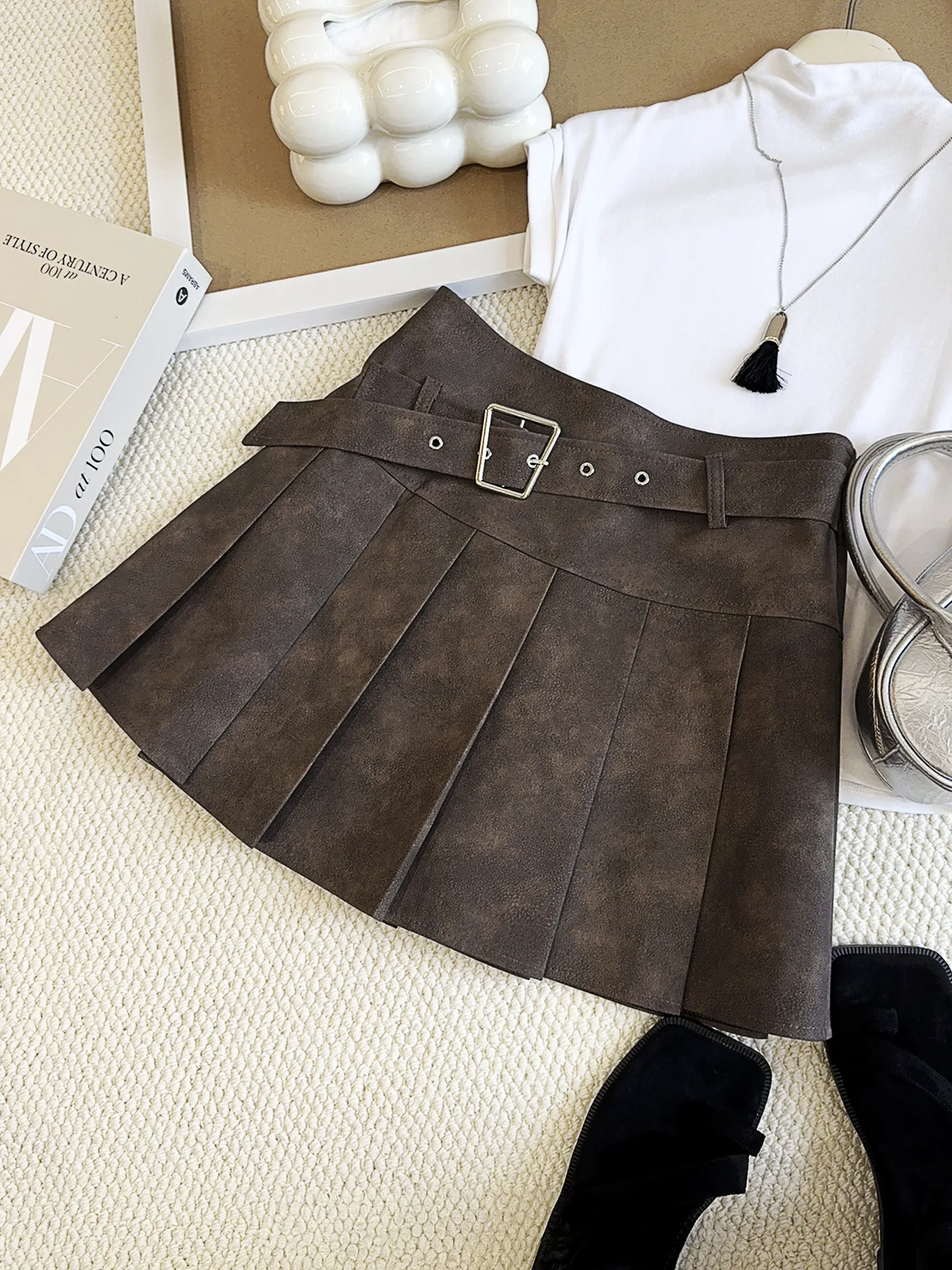 

American tie dye midi skirt, women's PU leather short skirt, autumn and winter high waist slimming A-line skirt, pleated skirt