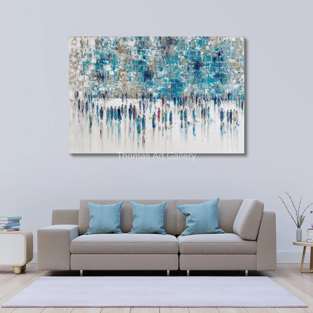 Large Jerusalem Kotel Canvas Prints Abstract Gold Blue Wall Dense Crowd Modern Jewish Home Decor for Living Room Dining Room