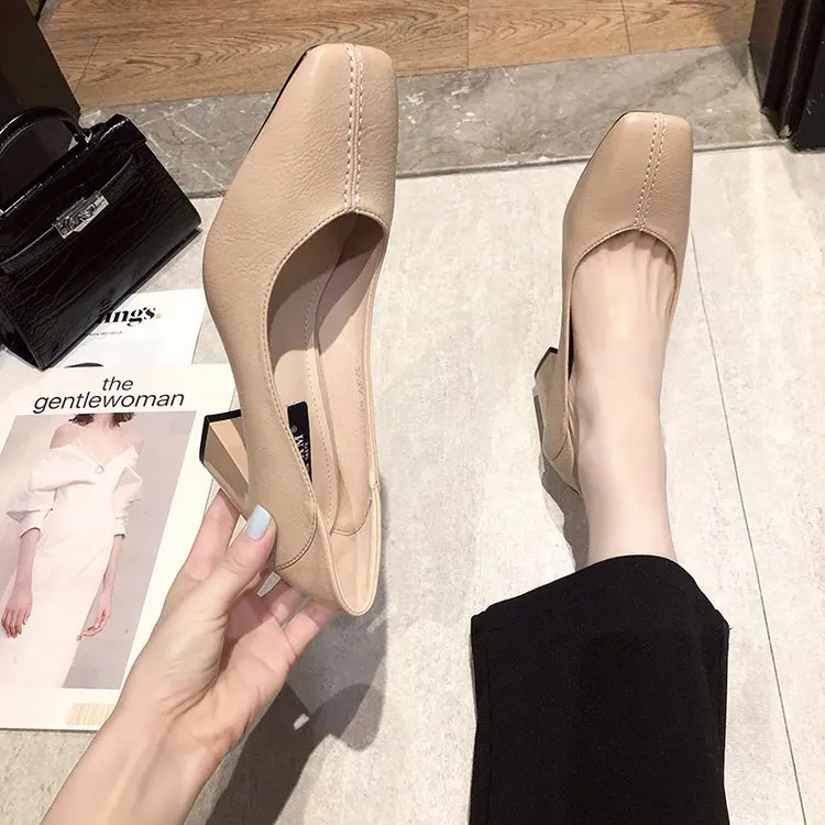 2022  New Women  High Heels Set Foot Comfort Square Heel Sexy Prom Wedding Shoes PU Leather Women Shoes High Heel   Basic
