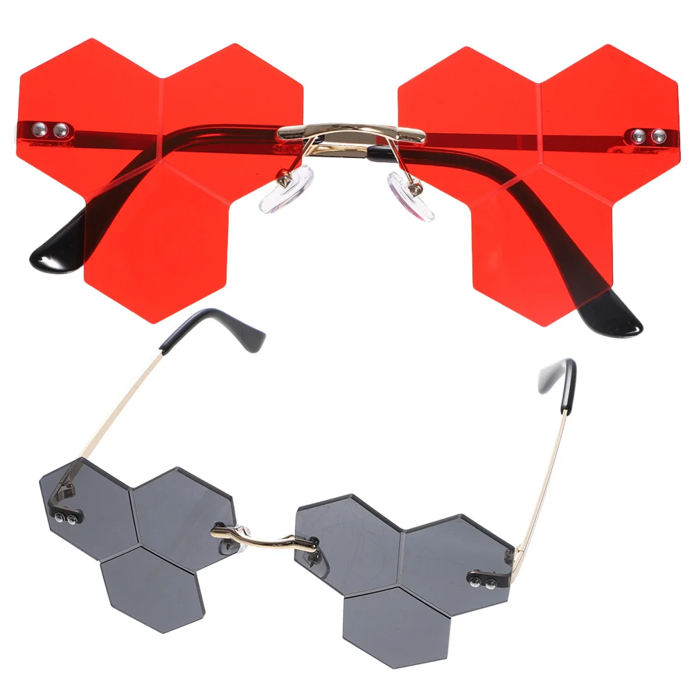 

2Pcs Stylish Rimless Sunglasses Personalized Party Festival Rave Sunglasses for Women Fun Glasses Colored Glasses