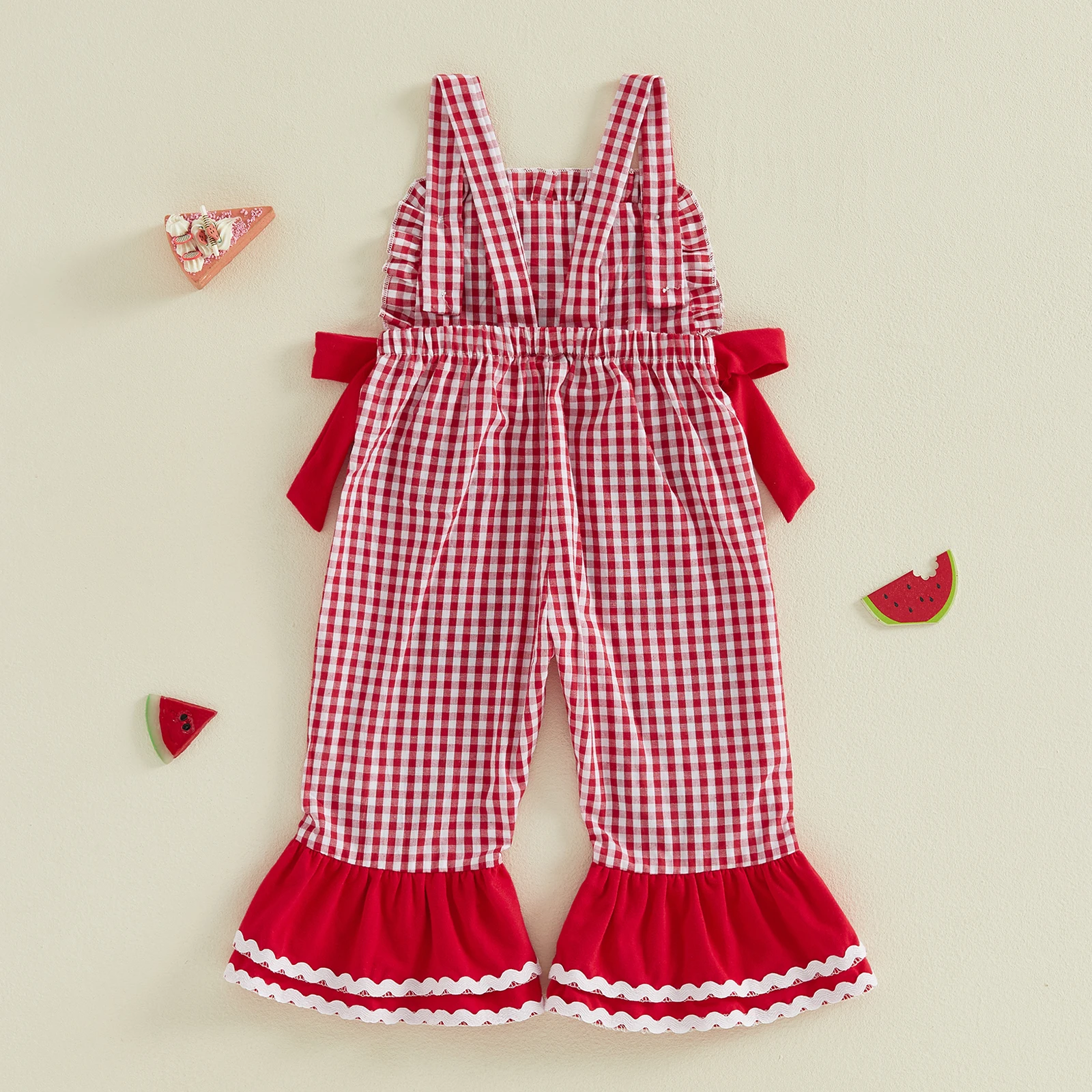 Little Girls Overalls Adorable Watermelon Flower Embroidery Sleeveless Square Collar Plaid Bell Bottoms Jumpsuit