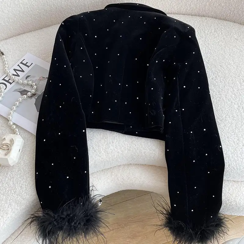 Hot Diamond Luxury Black Velvet Blazer Elegant Women Long Sleeve Fur Design Jacket Top 2023 Autumn/winter Short Slim Coat Korean