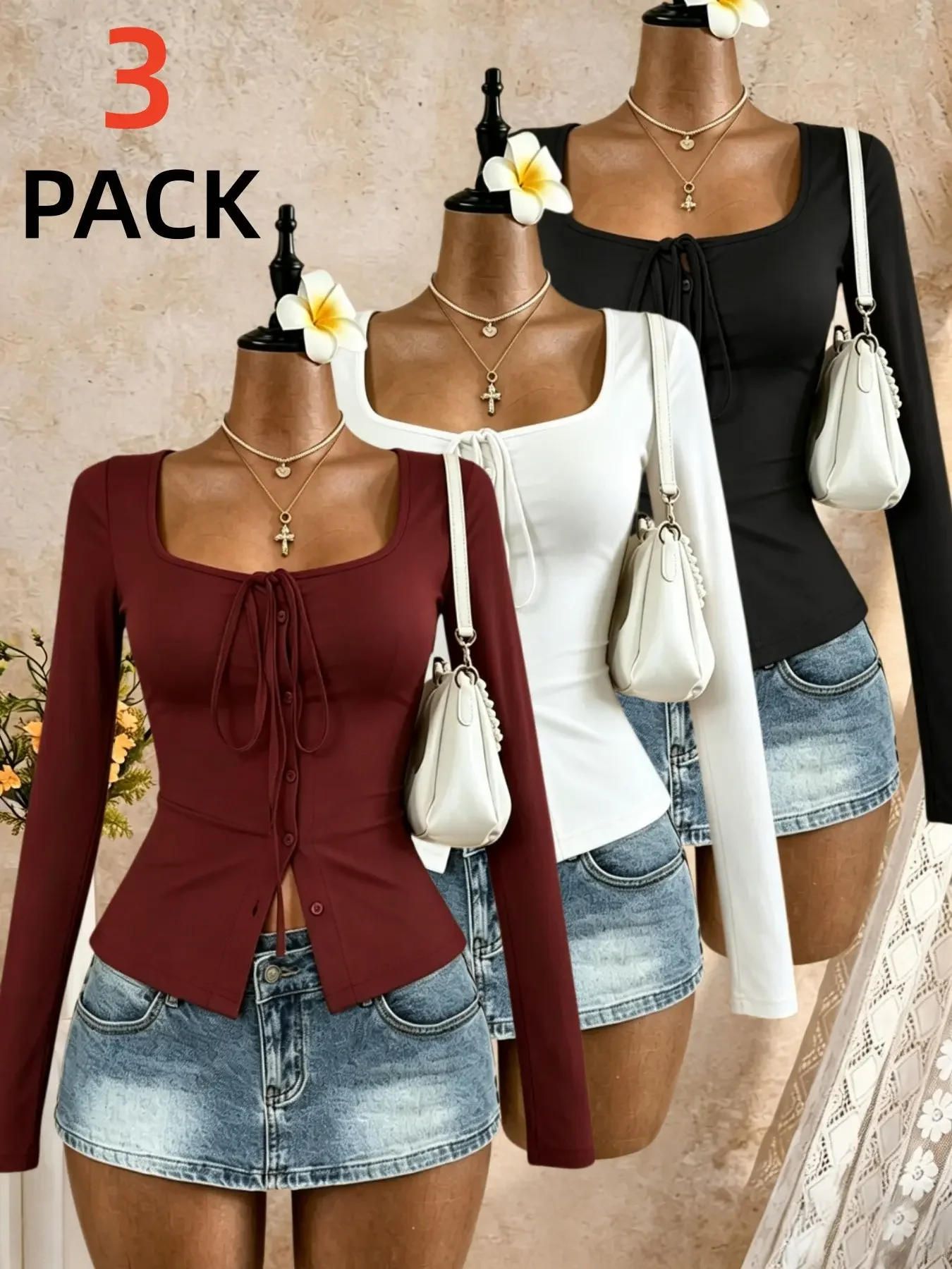Women 3 Pack U Neck Lace Up Button Front Long Sleeve Fitted Top Y2K Sexy Xmas Party Casual Shirt