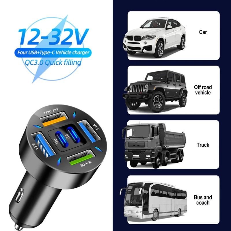 66W Car Charger 6 Ports QC3.0 USB Type C Intelligent Constant Temperature Adapter In Car for Iphone Samsung Huawei Xiaomi