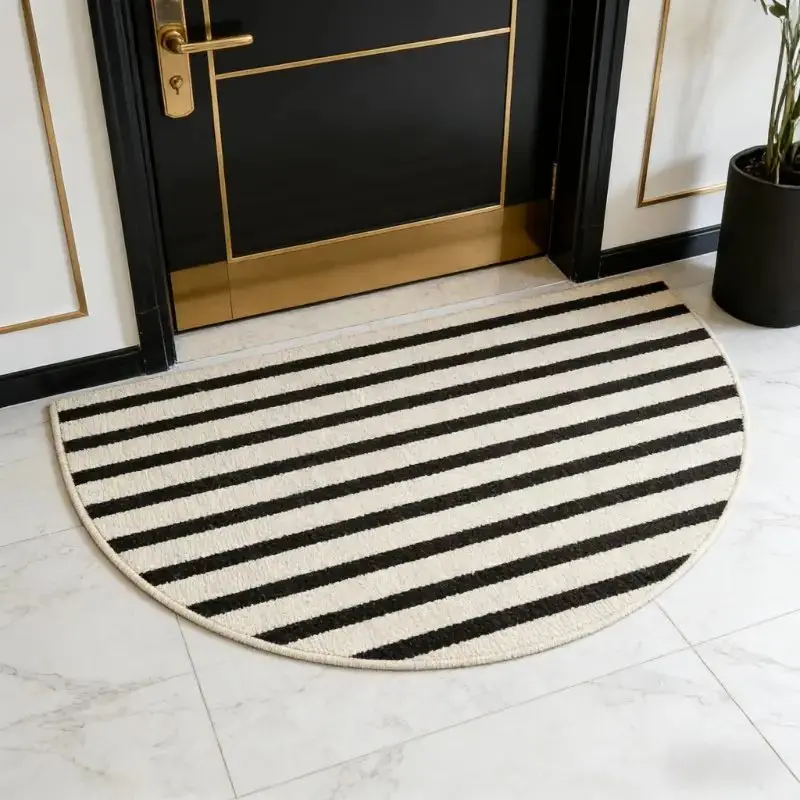VIKAMA Black Stripe Half Moon Crystal Velvet Door Mat for Porch Entryway Floor Anti Slip Cozy Aesthetic Soft Premium Home Decor