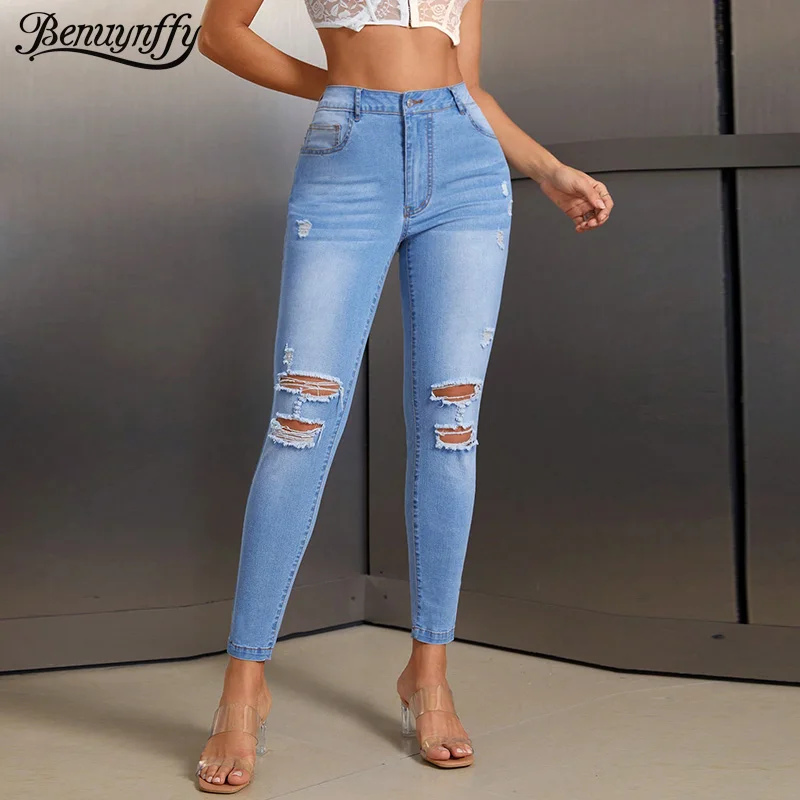 

Benuynffy, модные тонкие эластичные джинсы-карандаш, новинка 2025, женские повседневные узкие джинсовые брюки, уличная одежда, сексуальные рваные джинсы для женщин