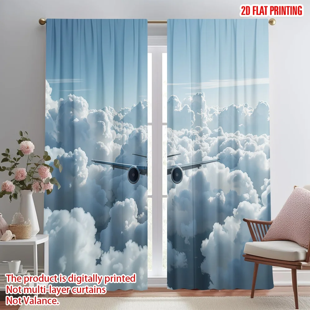 

2D flat printing 2pcs Window Curtains Airplane Through Clouds Digital Printed Polyester Drapes Party Decorations for Photo