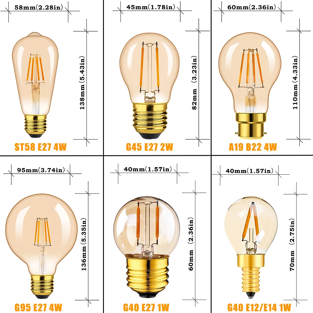 E27 E14 12V 24V LED Light Bulbs G95 G45 ST58 A19 T22 G40 Warm White Vintage Edison LED Decorative Bulbs for RV Camper Lighting