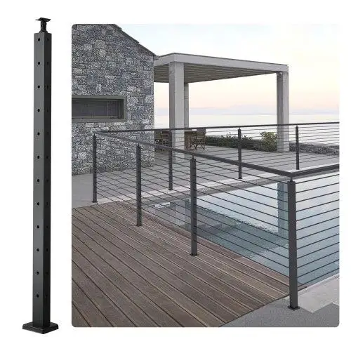 42 L-Shaped SUS304 Stainless Steel Cable Railing Post with 12 Pre-Drilled Holes - Black, Curved & Horizontal Bracket, 1-Pack