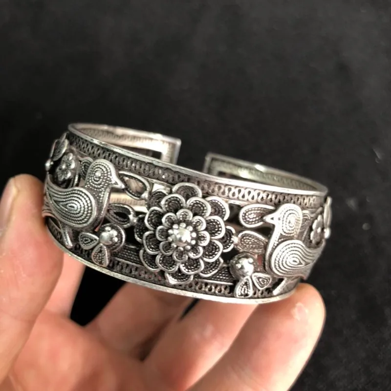 Ethnic Tibetan Hollow Copper Bangle, Magpie Plum Blossom Design, Double Happiness Retro Bracelet