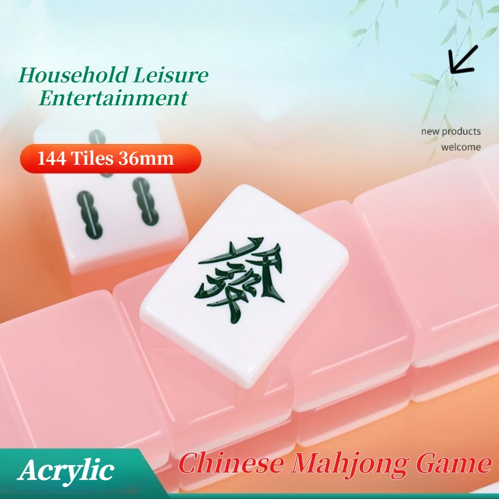 144 Tiles 36mm Pink Jelly Acrylic Hand Play Mahjong Set, Chinese Mahjong Game Tiles for Household Leisure Entertainment