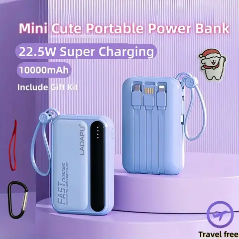 10000mAh Mini Cute 5W Super Fast Charging Power Bank, Small Size Large Capacity, Rechargeable Portable Mobile Phone Charger, Built-In 4 Cables, Outdoor Travel Battery Packs, LED Digital Display, Micro Interface, USB-C Input