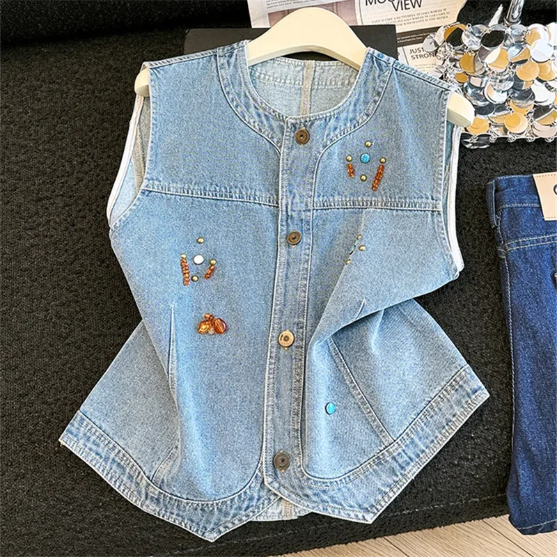 

2026 Summer Vintage Beaded Blue Short Denim Vest Women Slim Thin Round Neck Single-Breasted Sleeveless Cowboy Waistcoat Female