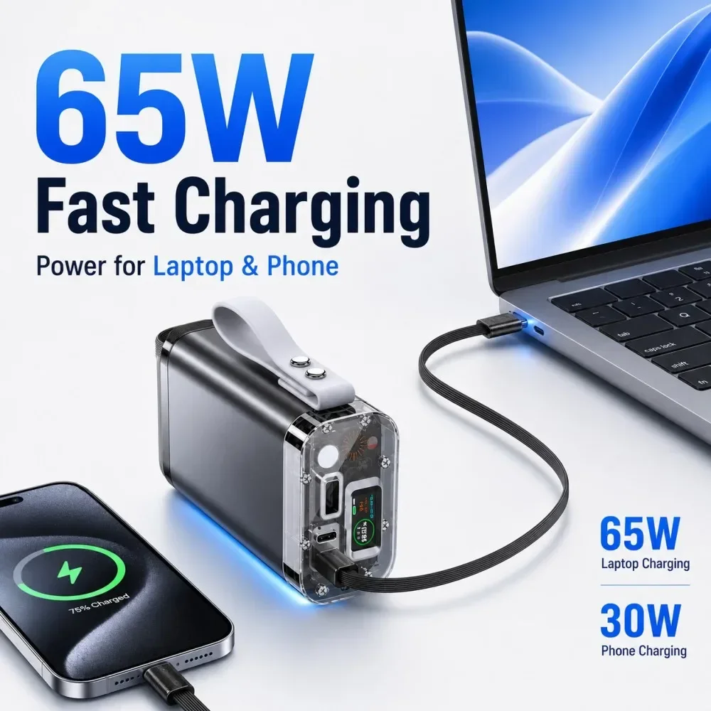Vyvylabs 30000mAh Power Bank 65W PD Fast Charging Retractable USB-C Cable Digital Display Portable Charger Laptop Travel Camping