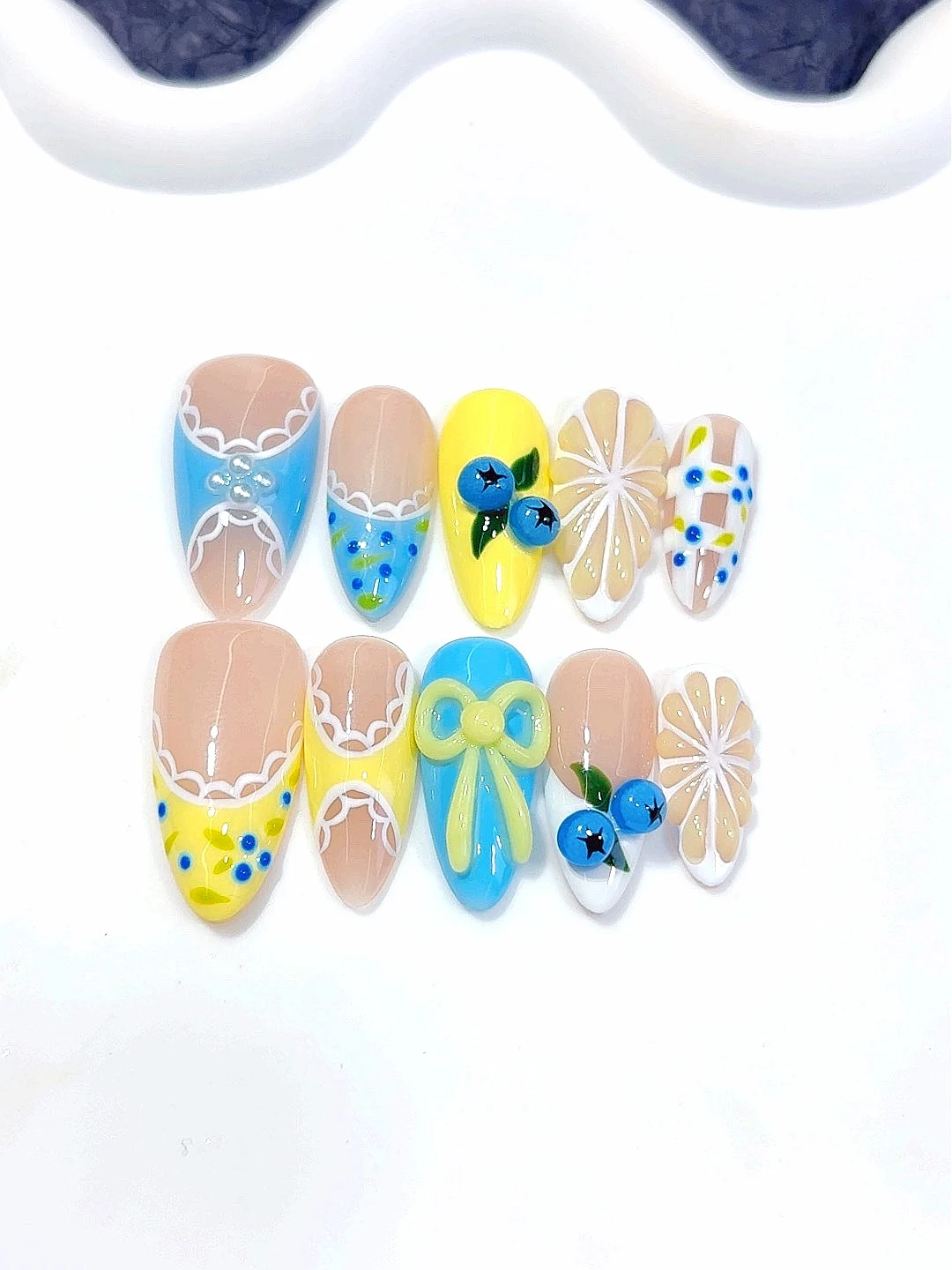 

Pastel Blue & Yellow 3D Blueberry Bow Press on Nails - Lace Floral Accent False Nails Handmade for Women（D607）