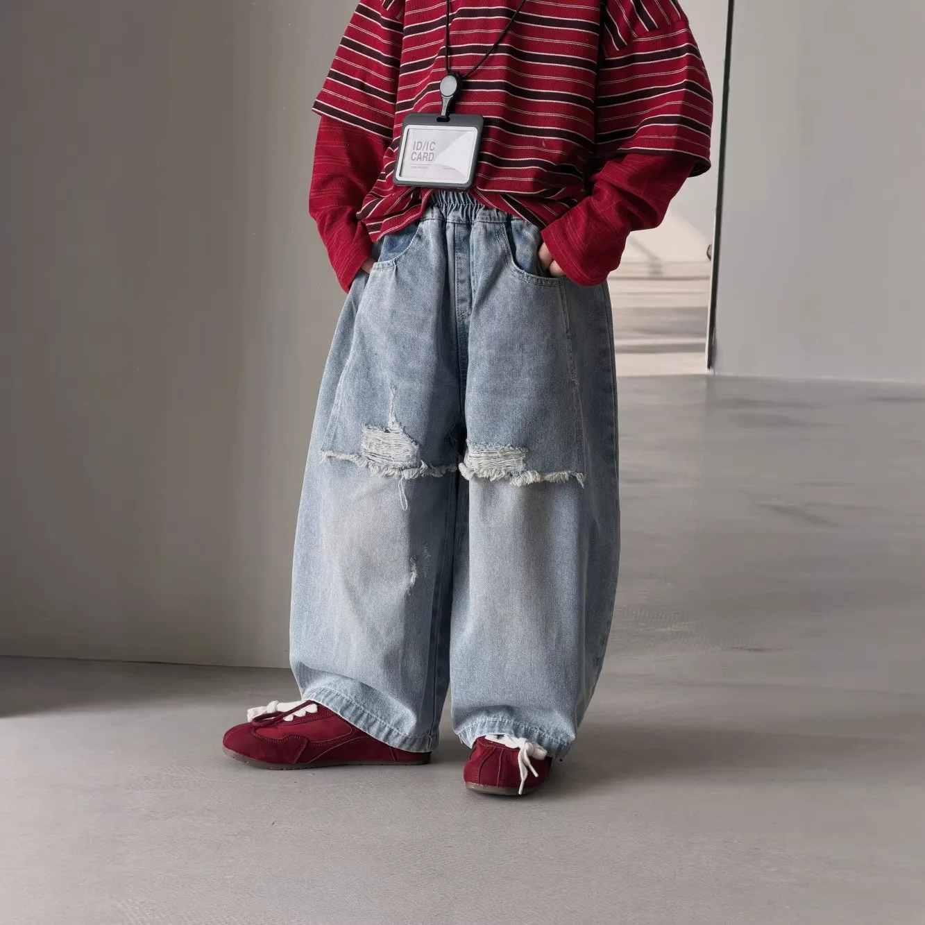 Pants 2026 Spring and Summer New Childrens Clothing Korean Style Boys and Girls Loose Broken Holes Fake Two Jeans Simple