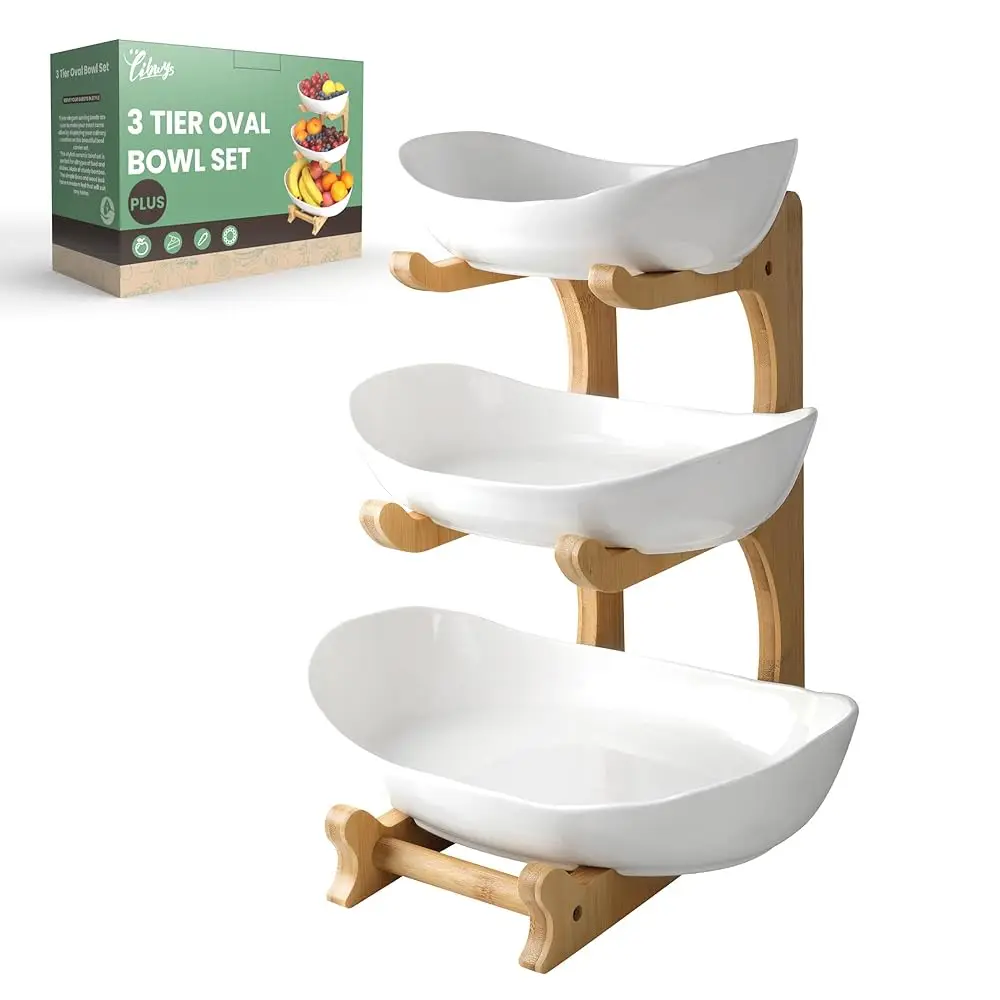 

3 Tier Fruit Bowl For Kitchen Counter (Plus Edition) / Ceramic Serving Bowls With Bamboo Stand/Big Size Tiered Fruit Basket For