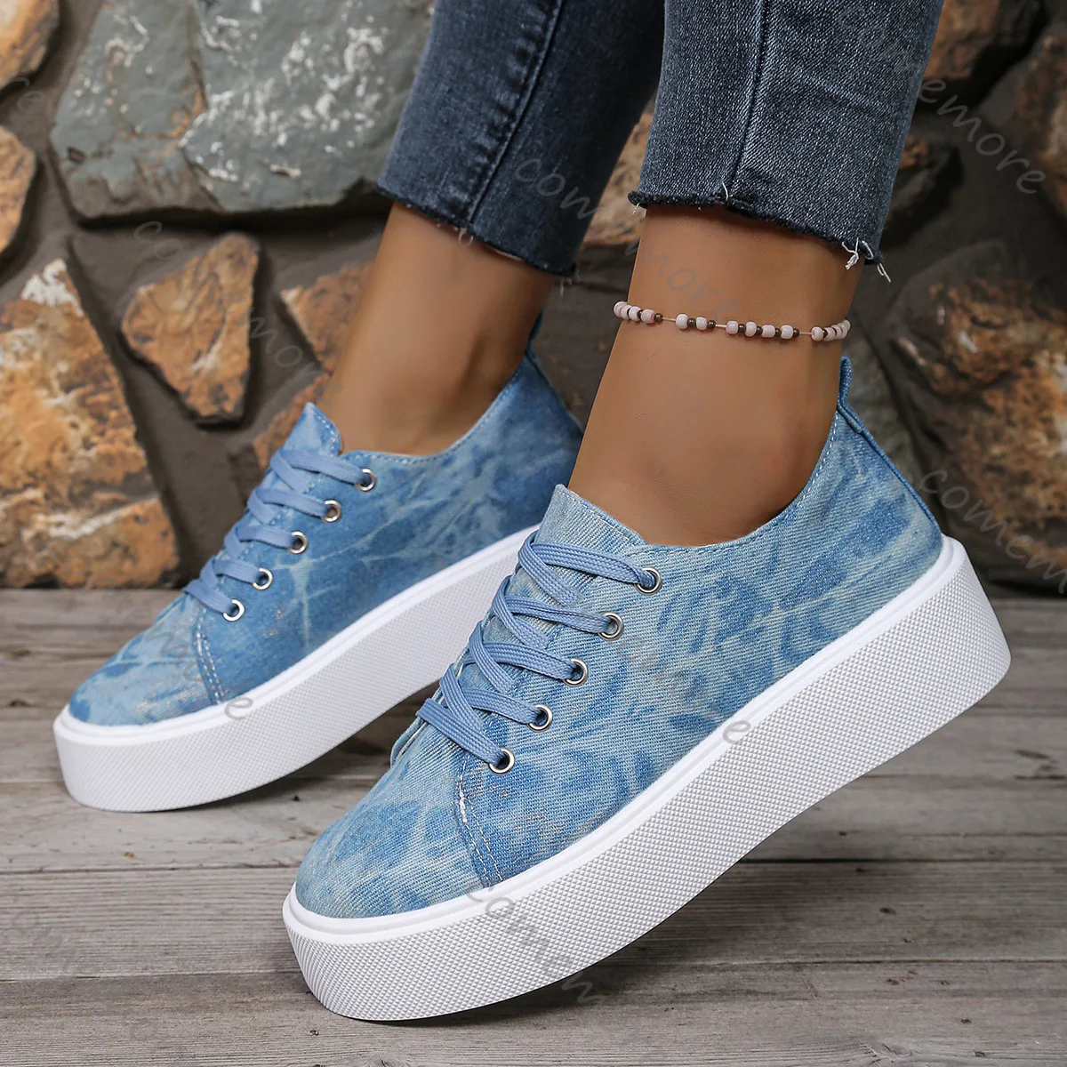 Comemore Spring Autumn New Shoes for Women Plus Size Denim Canvas Sneakers Platform Lace-Up Versatile Flat Bottom Board Shoes