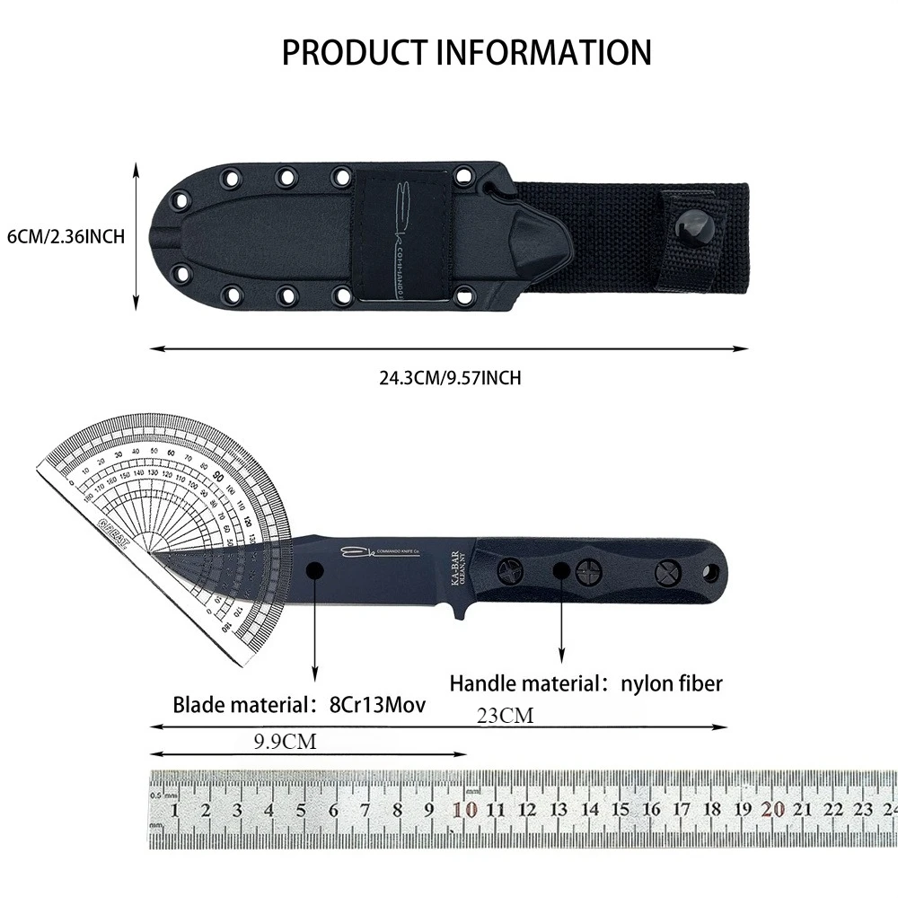 Cuchillo de hoja fija KA‑BAR EK50 con funda, hoja 8Cr13MoV y mango de fibra de nailon, herramienta de utilidad para supervivencia, caza y camping al aire libre