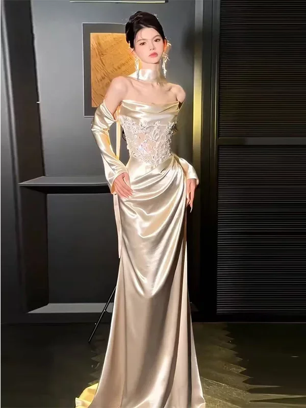 

Ele Long Sve Evening Gown with Train for Bridesmaids And Wedding Guests Faionable mid Waist Zipper Sle Performances