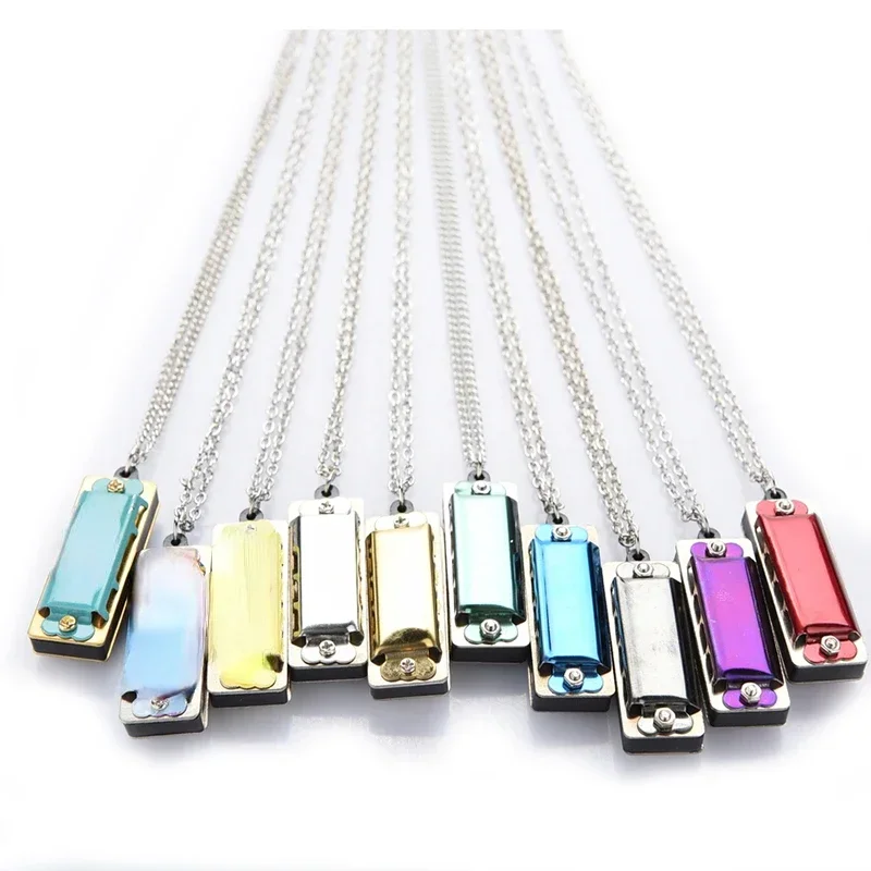 2pcs Mini 4 Hole 8 Tone Harmonica Metal Necklace Design Chain Gift Color Random