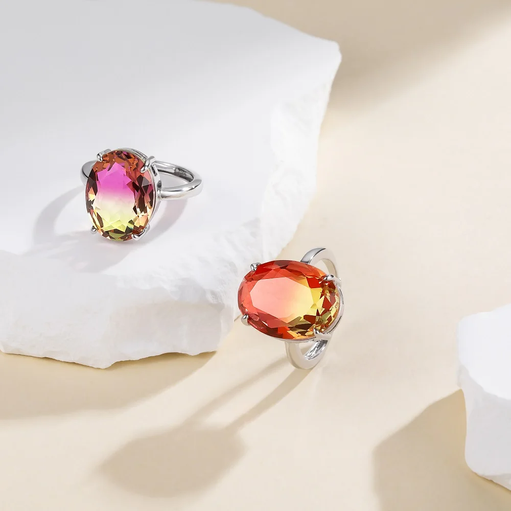 Monkton Genuine Rainbow Quartz Cocktail Rings for Women 12*16mm Oval Synthetic Stone Promise Rings for Her Anniversary Gift