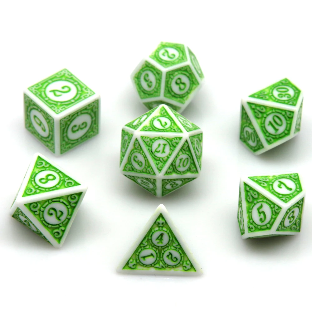7Pcs White Green Acrylic Polyhedral Dice Set Retro Pattern DND RPG Dice For Tabletop Role Playing Board Game Accessories