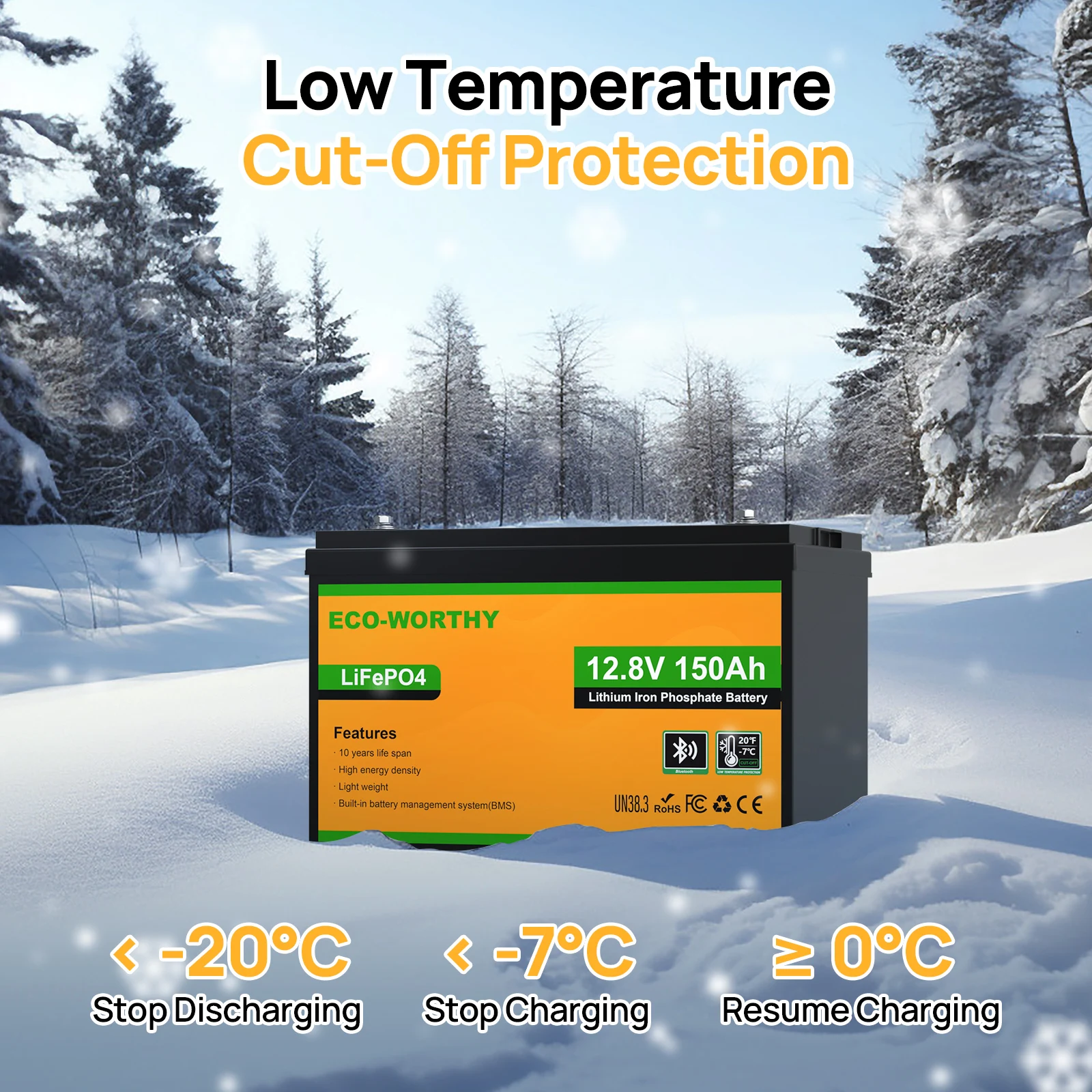 بطارية ليثيوم ECO-WORTHY 12V 150AH Bluetooth LiFePO4 مع حماية من درجة الحرارة المنخفضة، مدمجة 120A BMS، مثالية للتصيد