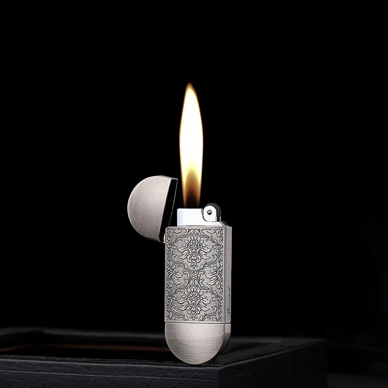 Vintage Metal Rich Flower Relief Lighter Windproof Butane Grinding Wheel Round Head Lighter for Men Portable Smoking Tools