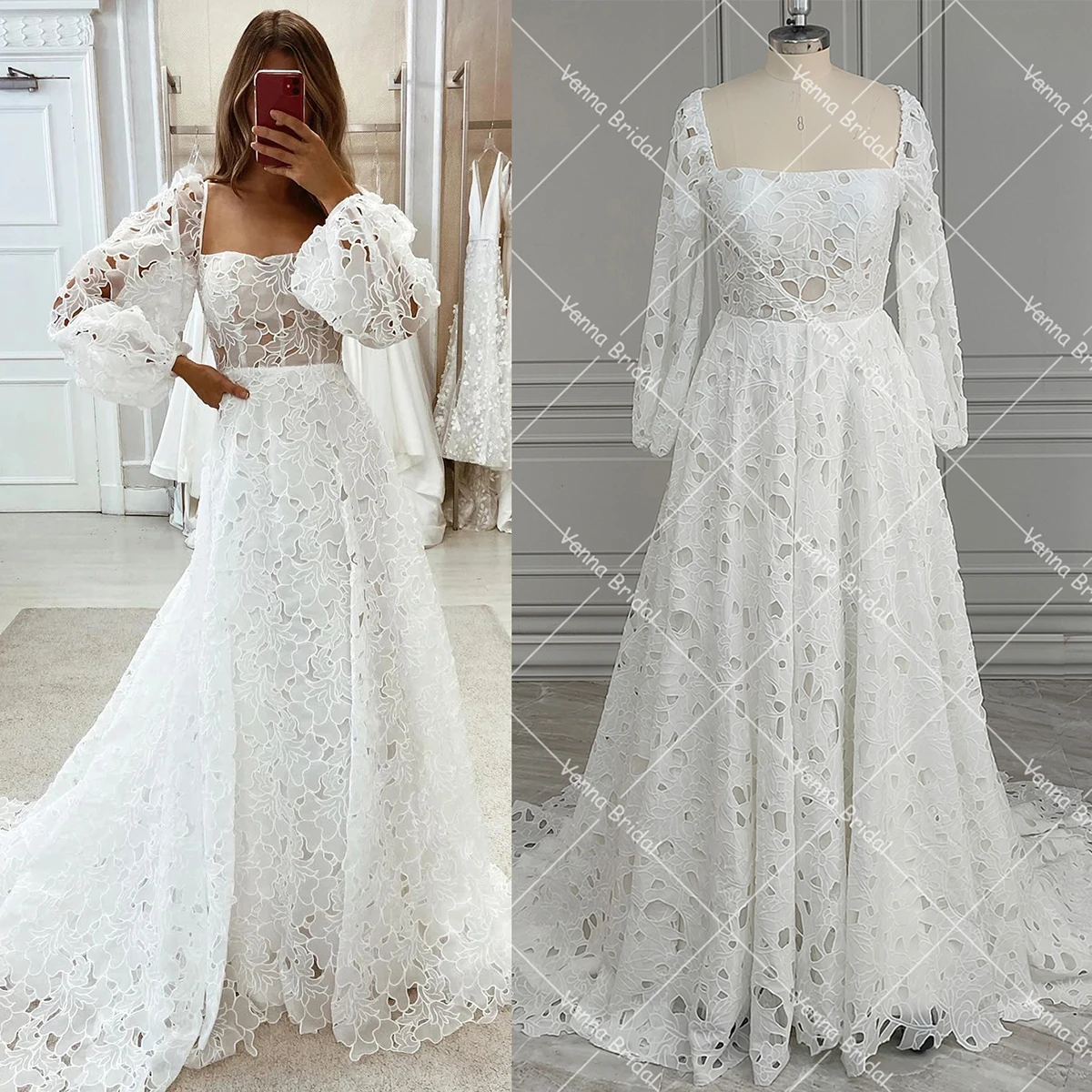 Feminine Puff Long Sleeves Square Neck Wedding Dress Bohemian Customized Flowy Skirt Floral Eyelet Lace A Line Boho Bridal Gowns