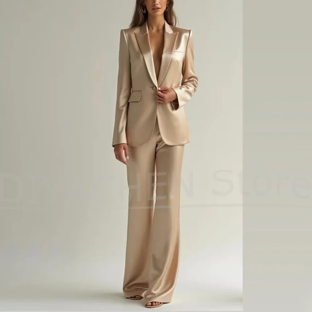 

Новый женский атласный костюм цвета шампанского, элегантный офисный повседневный наряд на одной пуговице, вечерние роскошные блестящие костюмы из двух предметов