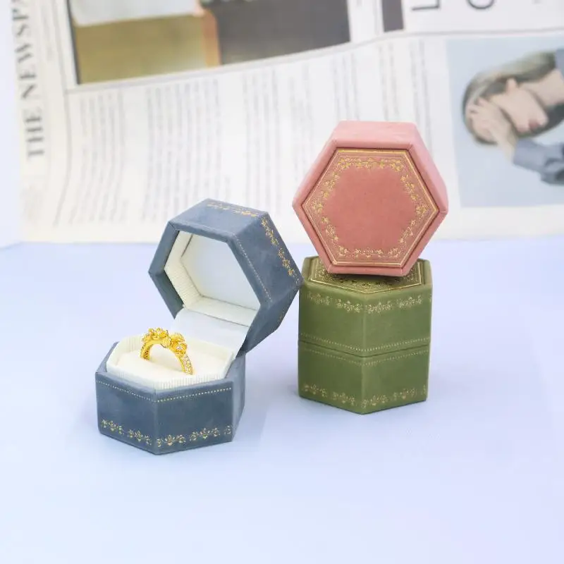 Vintage Hexagon Single Ring Empty Jewelry Box Lightweight Pocket Holder for Engagement Wedding Travel Storage Use
