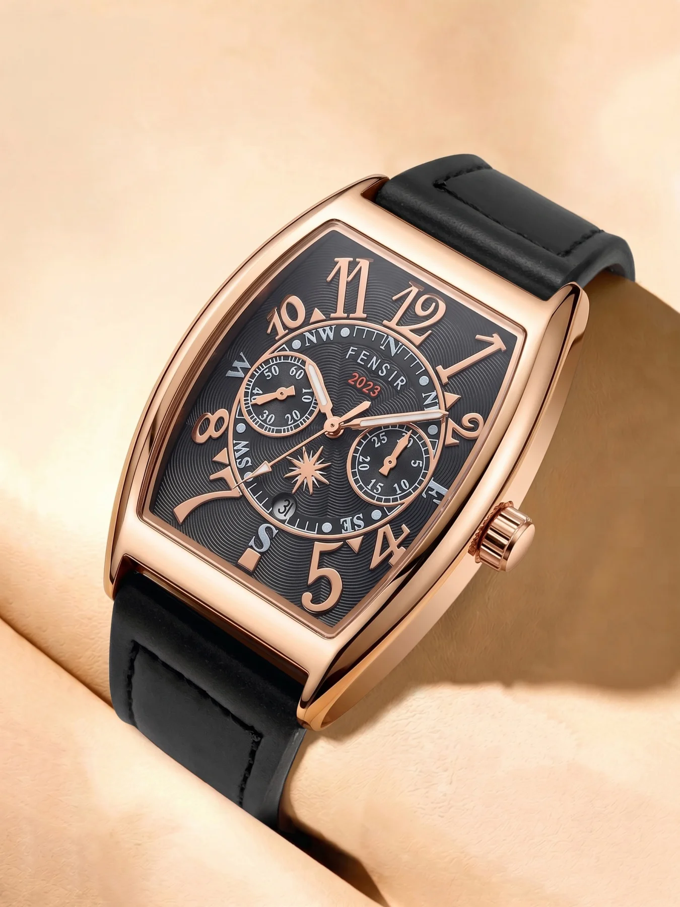 Light Luxury Wine Barrel Men's Quartz Watch with Calendar, Leather Strap, Waterproof, Fashionable, Casual, Punk Style, Unique, Cool, Gift-Giving, Versatile, Trendy Men's Wristwatch