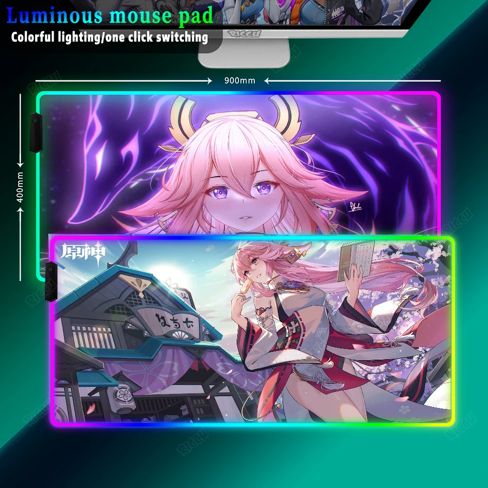 Genshin Impact Yae Miko HD print Mouse Pad Gamer RGB Gamingpad Mat Large Keyboard Mat LED Light Desk Pad For Computer Laptop Pad