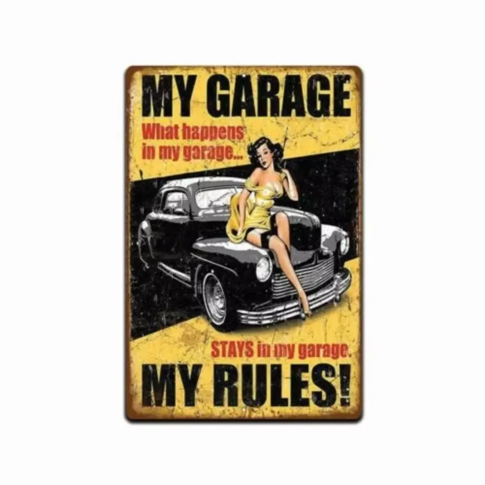 CIFBUY Vintage Aluminum Wall Art Waterproof Durable My Garage Rules Metal Sign with Classic Car Pin-up Girl for Home GarageDecor
