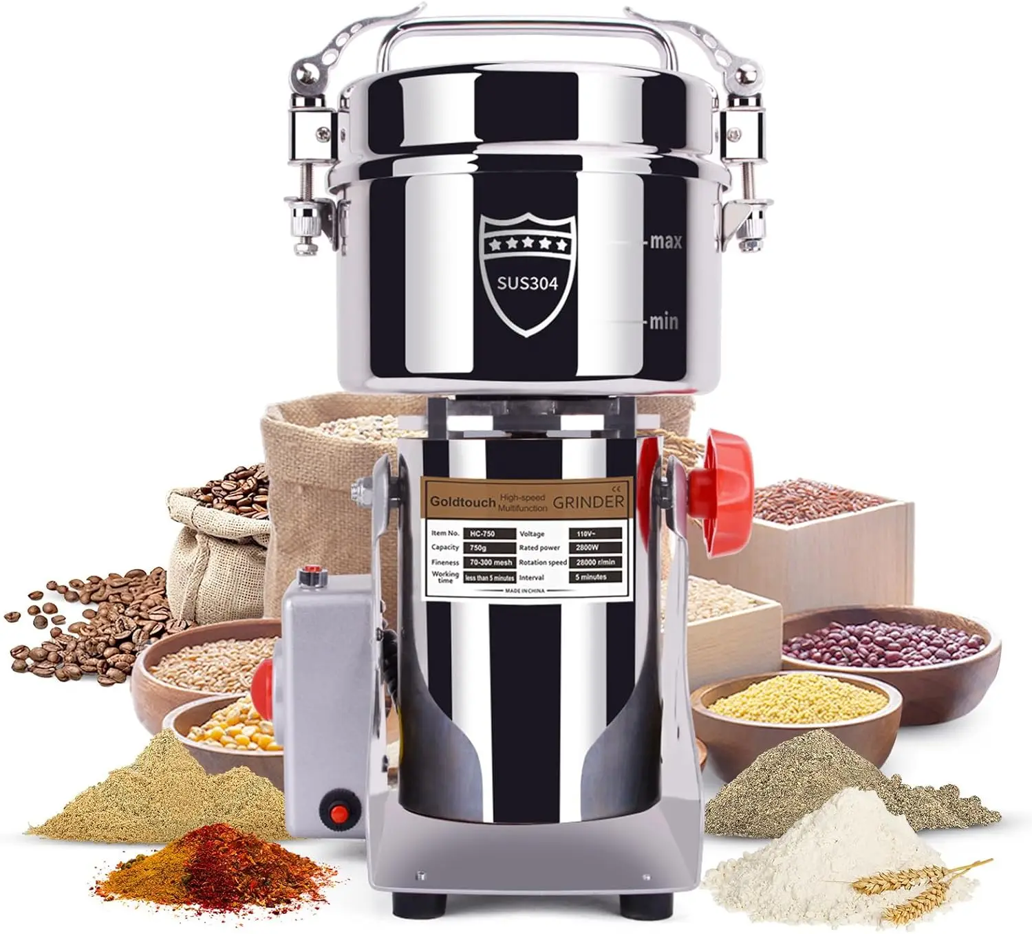 

750g 2800W Electric Grain Mill Grinder, Stainless Steel High-Speed Powder Machine for Wheat, Oats, Corn, Pepper, Coffee Beans