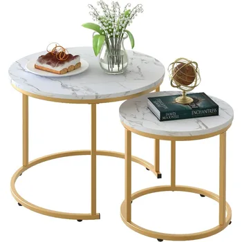 Image Coffee Table Nesting White Set of 2 Side Set Golden Frame Circular and Marble Pattern Wooden Tables, Living Room Bedroom