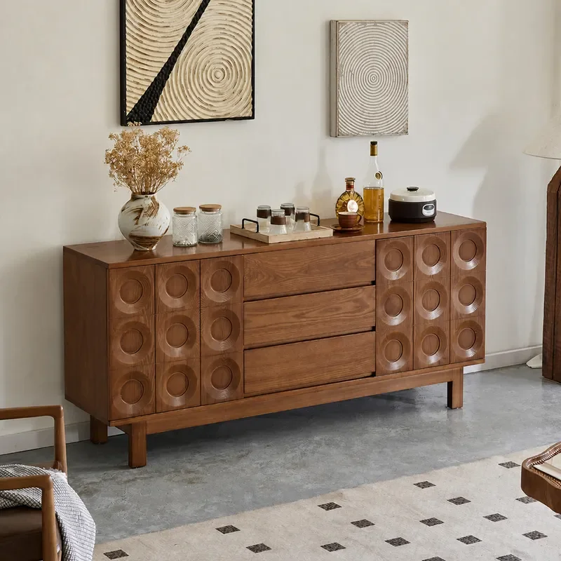 Wabi Sabi Style Solid Wood Side Cabinet with Three Drawers and Two Doors Multi Functional Storage Locker for Living Room