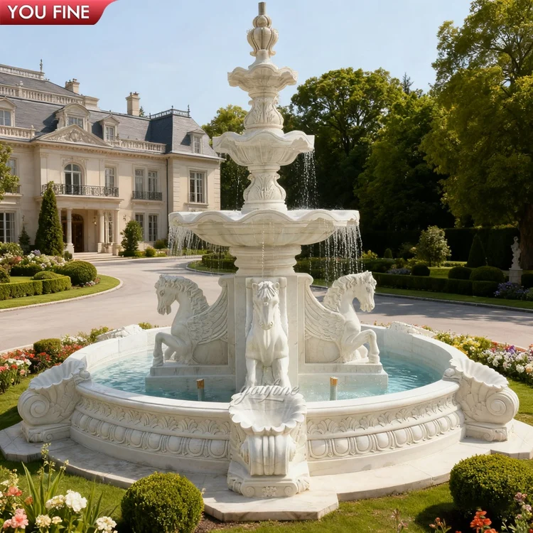 YOUFINE Outdoor Garden Traditional Carved Italian Marble Three Tier Fountain Round Pool with Horse