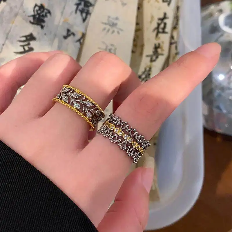 New Chinese Tang grass ring women's diamond index finger ring French retro stacked open ring