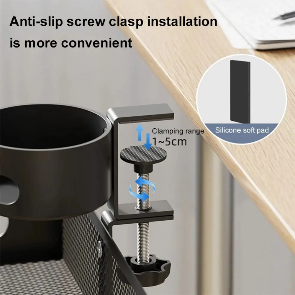 360-degree-rotating-under-desk-storage-rack-no-drill-high-load-capacity-clamp-on-document-tray-with-cup-holder-carbon-steel
