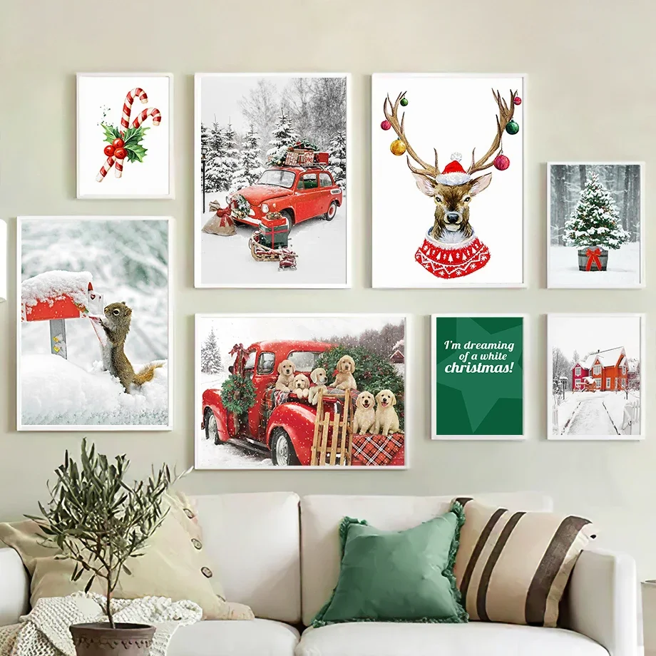 

Red Car Dog Elk Christmas Tree Wall Art Canvas Painting - Holiday Home Decor Poster Print for Living Room