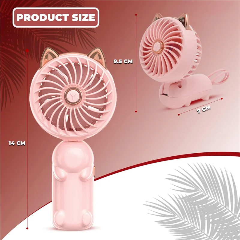 【COMELY】Portable Hand Held Fan with Cat Ears - Mini Fan with USB Rechargeable Battery Foldable Small Fan (Pink)