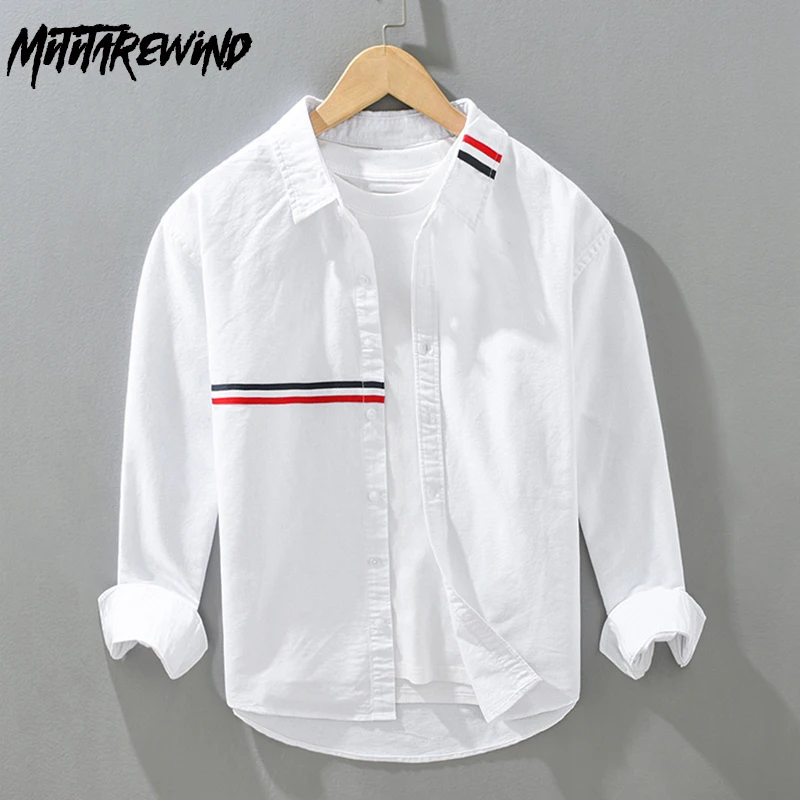 

Spring Fall Long Sleeve White Shirt Men Pure Cotton Japanese Causal Male Shirts Oxford Ribbon Design Shirt Youth Versatile Tops